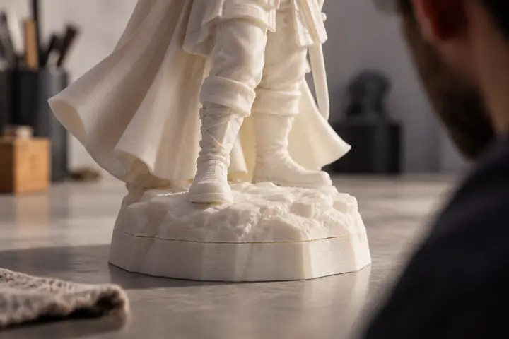 Gros plan sur une figurine pâle imprimée en 3D, avec une jointure visible autour de sa base, sur un arrière-plan neutre de studio.