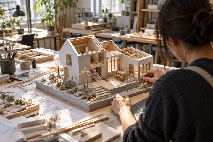 Petit modèle architectural de maison avec des surfaces de toit manquantes, vu d'en haut dans un atelier lumineux de modélisme.