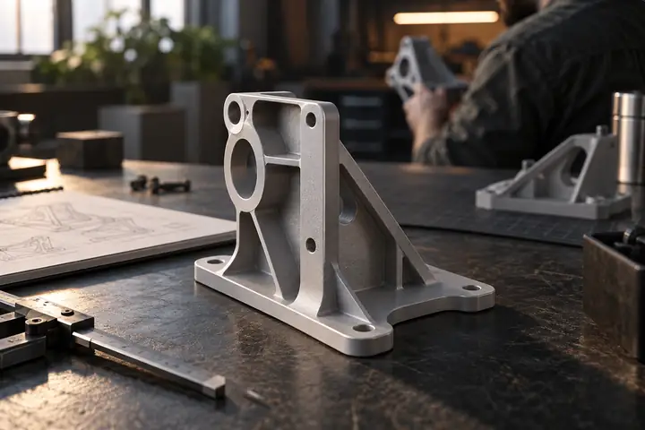 Modèle détaillé d'un support mécanique montrant une fine paroi de montage, photographié sous une lumière douce sur une surface de travail sombre.