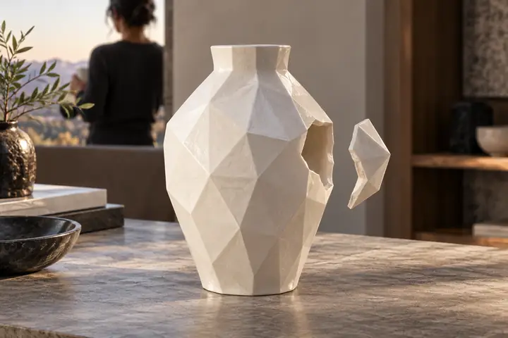 Modèle de vase à facettes de style céramique avec une petite section de maillage détachée, présenté sous un angle trois quarts comme un produit soigné.